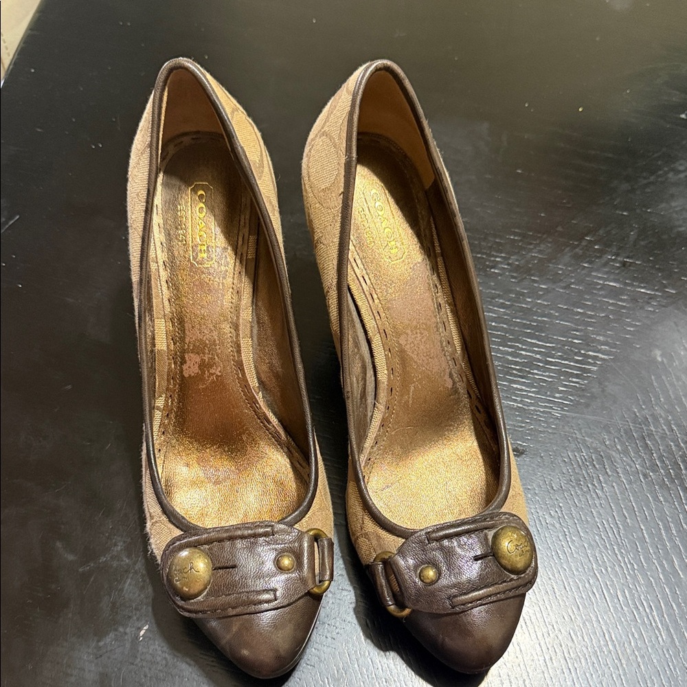 Coach Brown Monogram Canvas Pointed-Toe Heels with Brass Accents